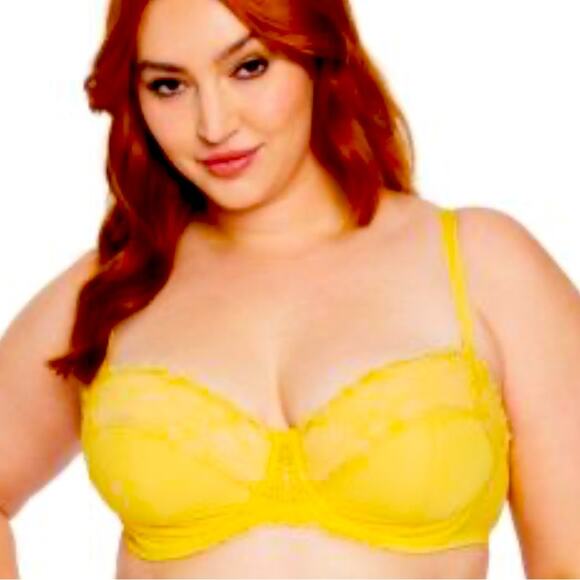 Frederick’s of Hollywood Karoline Contour Balconnet Bra Yellow Lace NWT Size 32F - Picture 1 of 7